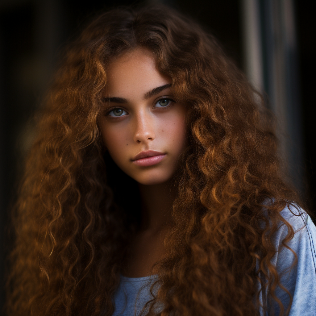 Smiling biracial teenager with beautiful blue eyes and golden curly hair