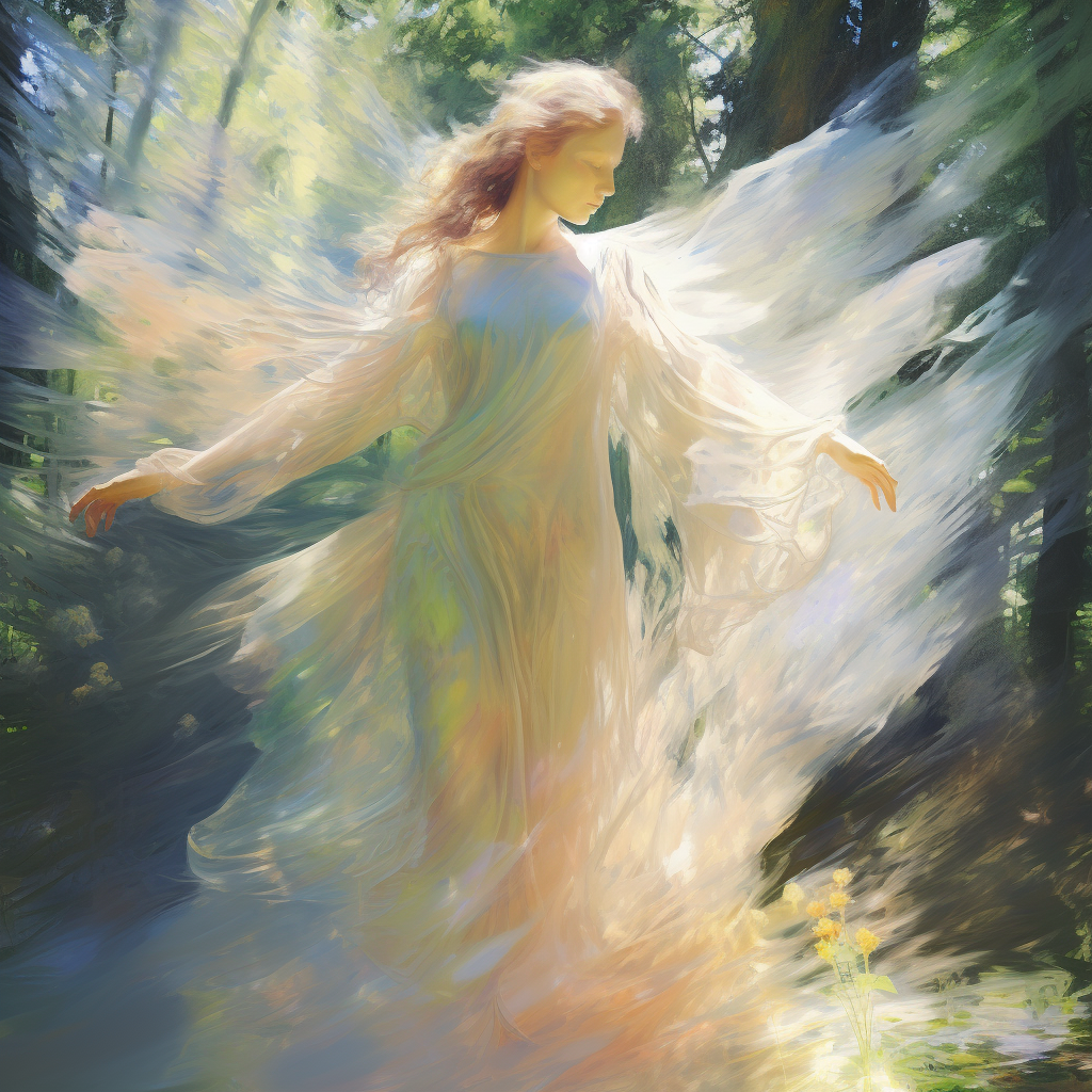 Angelic movement in bright summer forest