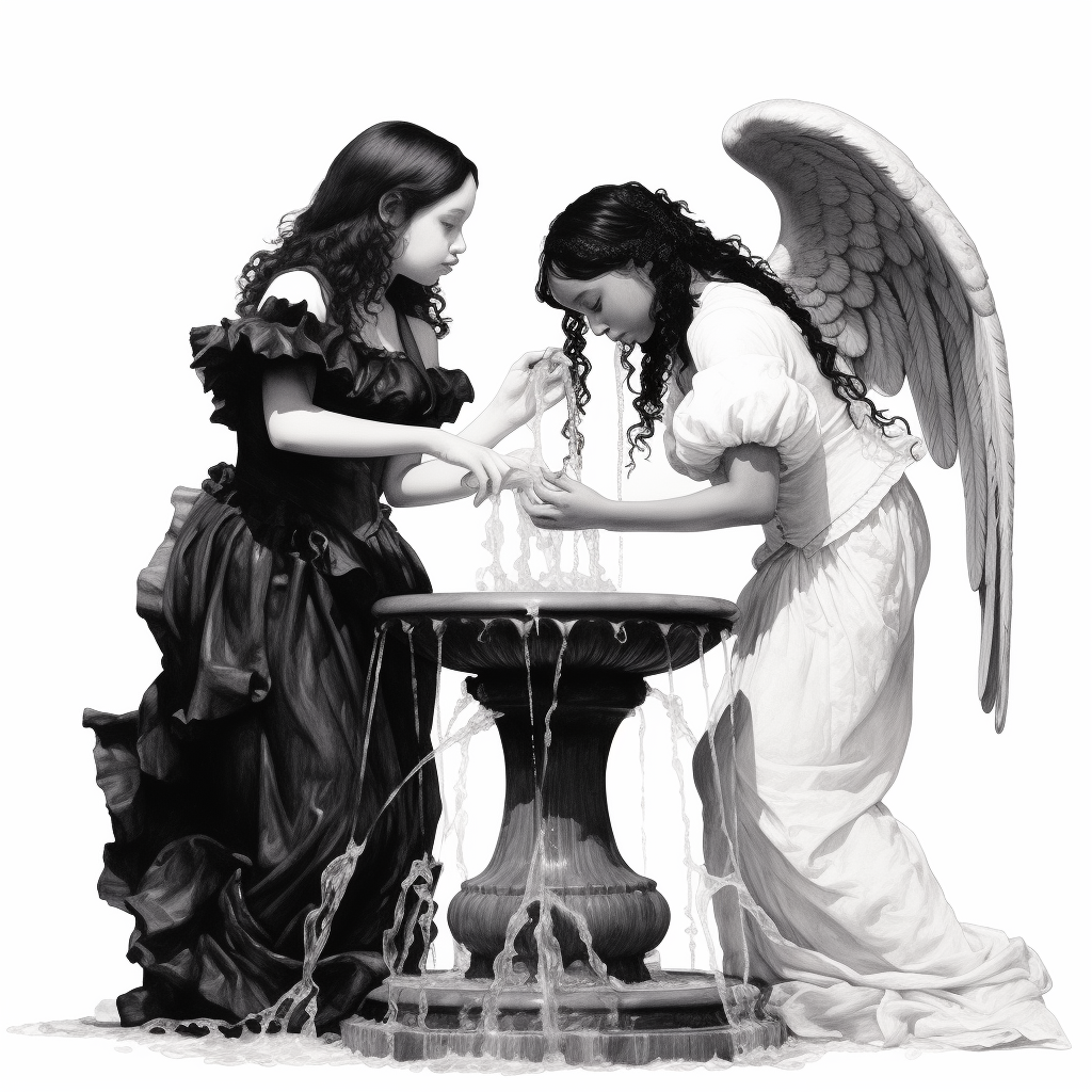 Two angelic girls with a Renaissance fountain