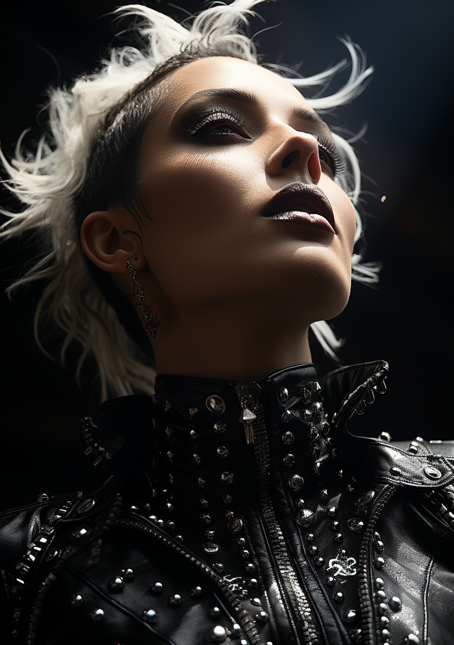 Close-up of Angelic Punk Woman in Shiny Leather