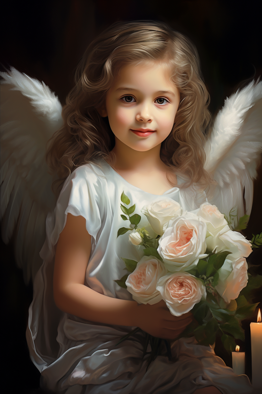 Young girl smiling in front of angel wings