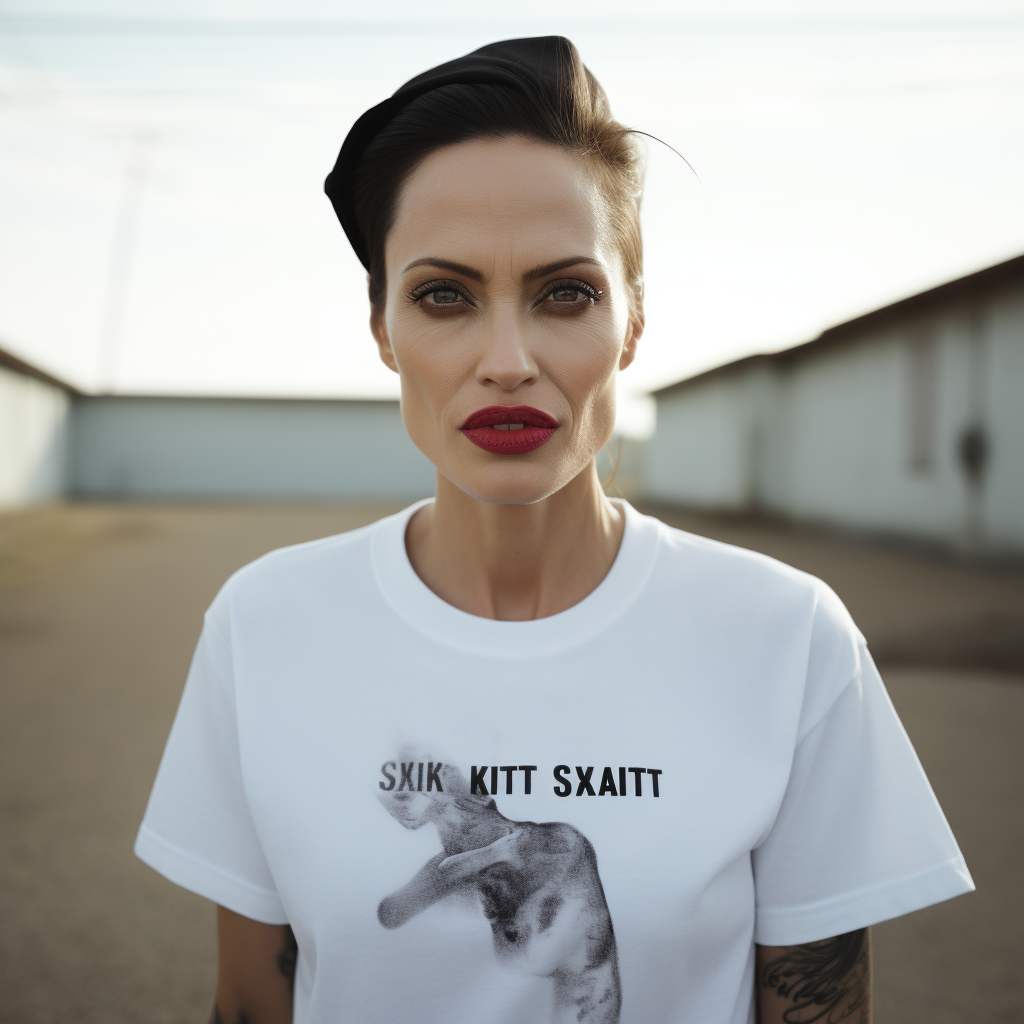 Angelina Jolie in punk look with 'I LOVE SEKRIT SAINTS' shirt