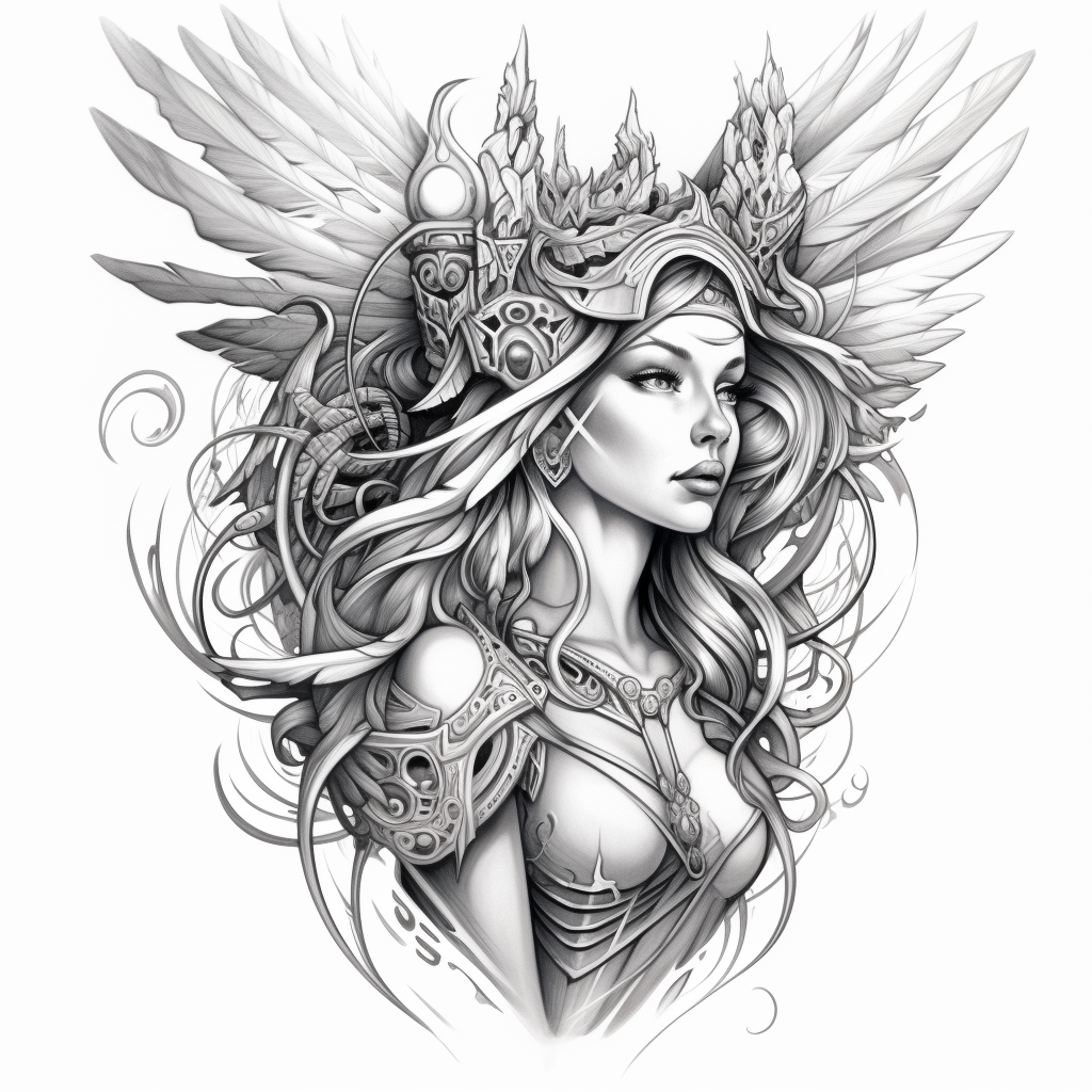 Angewomon in traditional American tattoo style