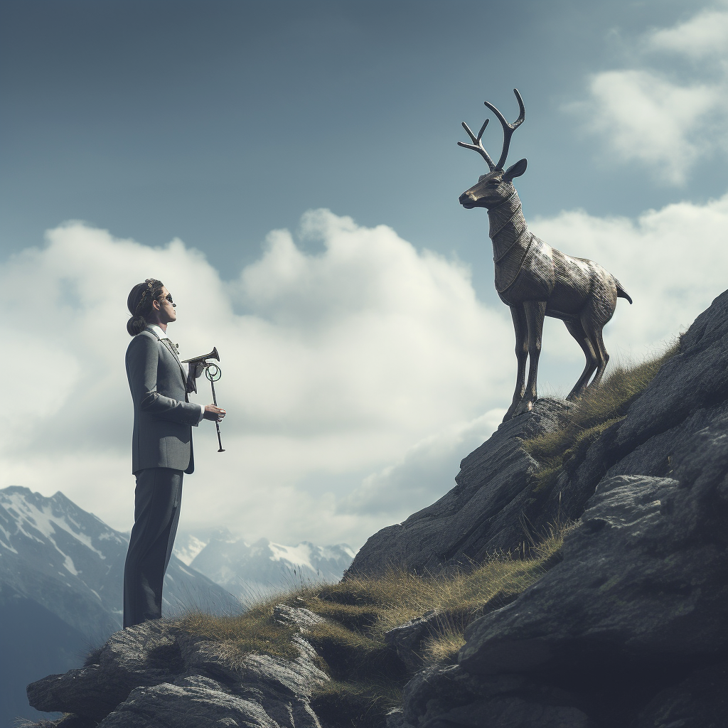An androgynous person enjoying the mountain view while listening to an Alpine horn.
