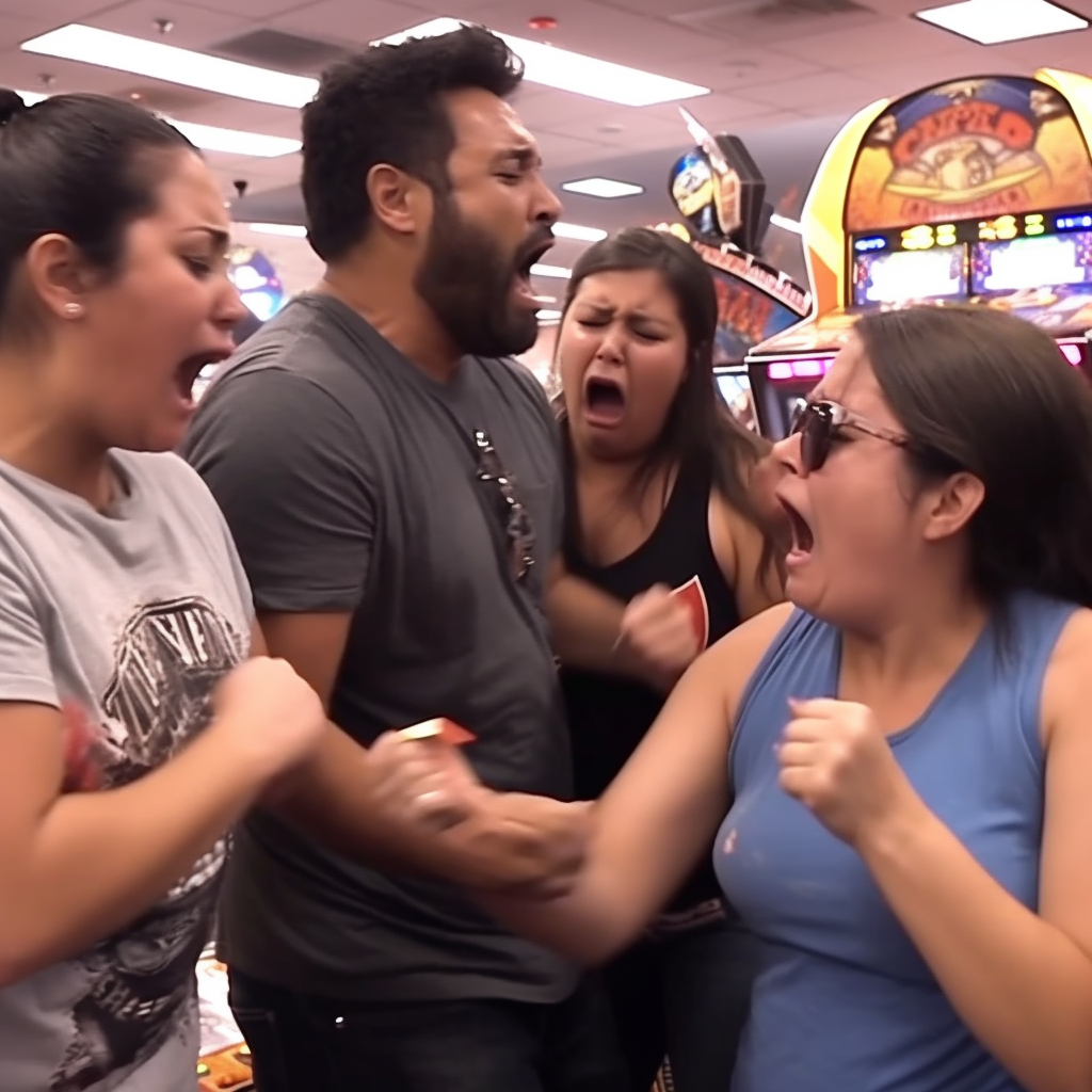 Adults having an argument at Chuck E Cheese