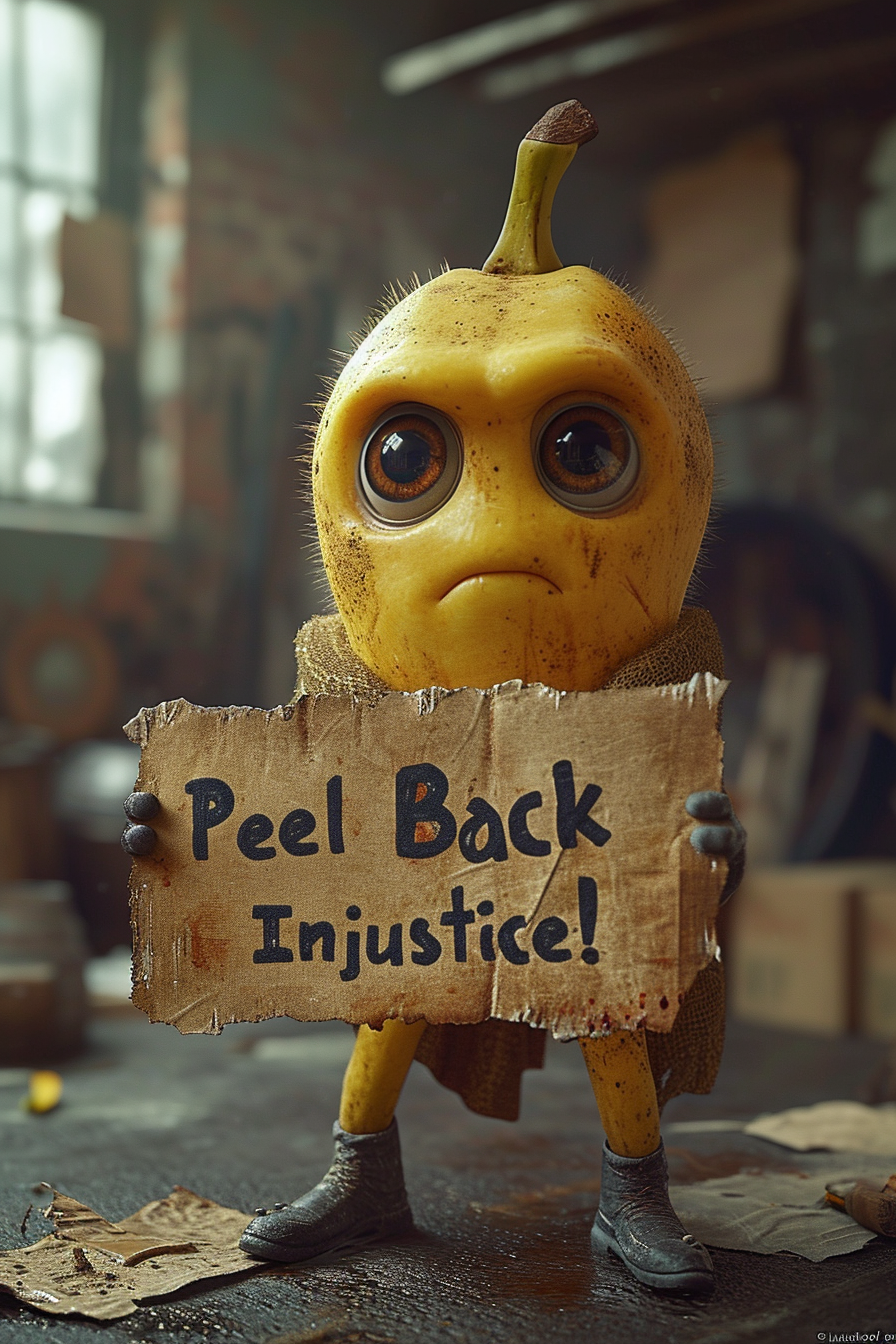 Angry banana with sign  Peel Back Injustice!