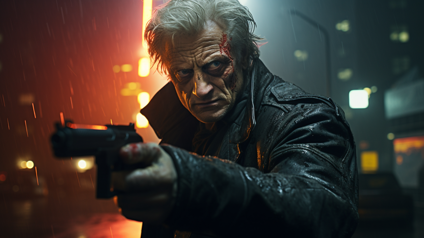 Angry Rutger Hauer pointing a gun