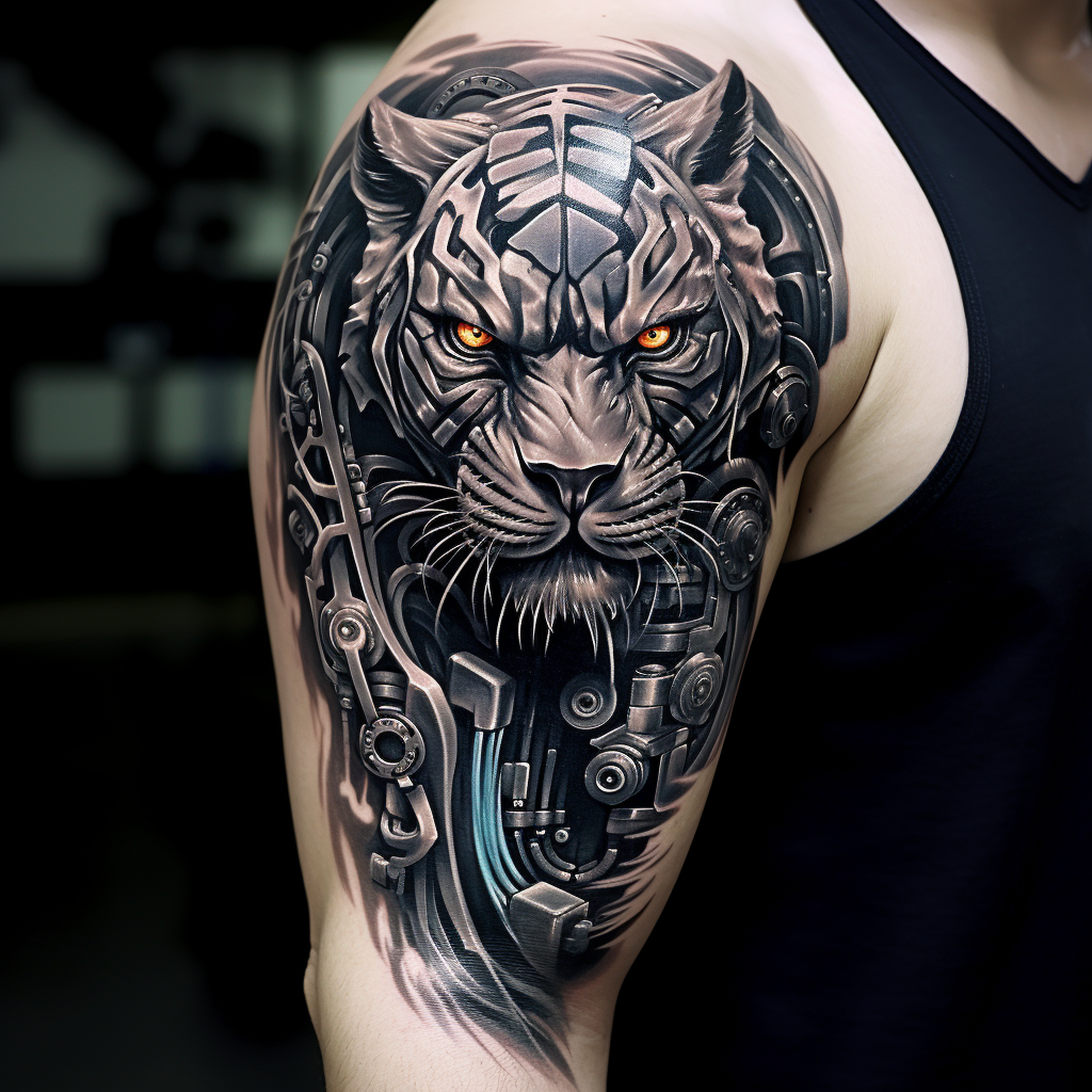 Angry Biomechanical Tiger Tattoo Design