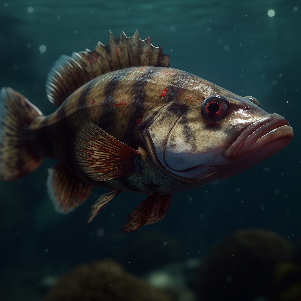 High-detail image of an angry calico bass underwater