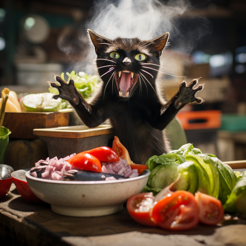 Angry cat making tasty papaya salad