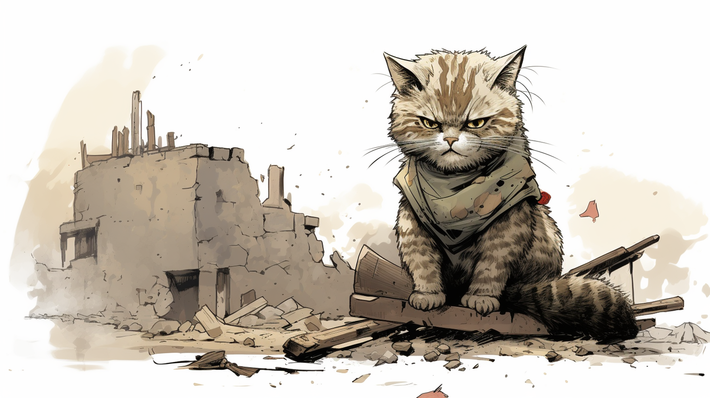 Angry cat on rubble