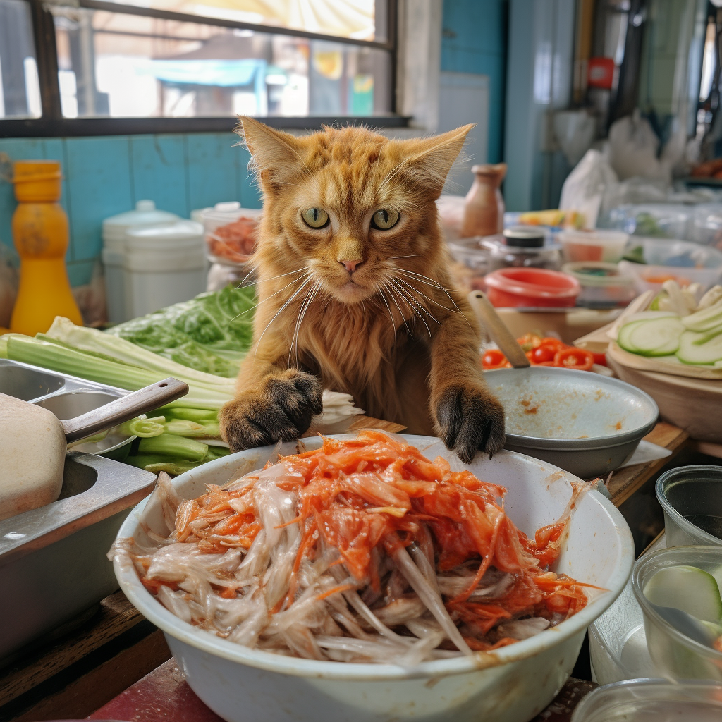 Angry cat making spicy papaya salad