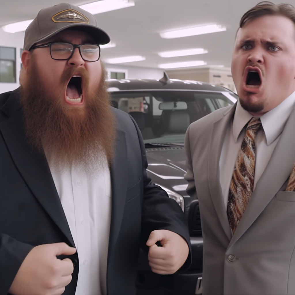 Angry rednecks in suits screaming at Chevy dealership