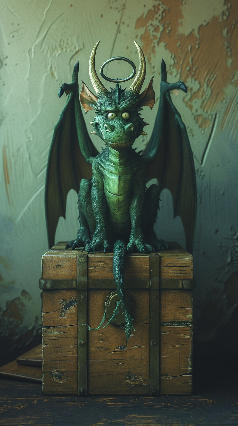 Angry dragon with halo sitting on wooden chest