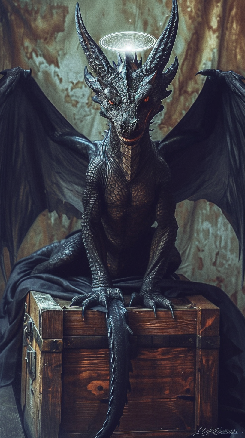 Angry dragon on wooden chest