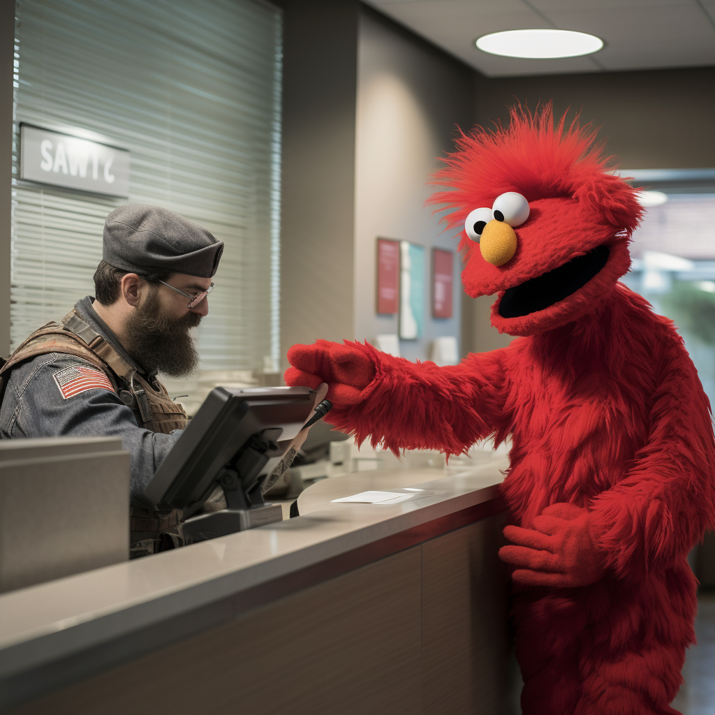 Angry Elmo with M16 Rifle at Bank