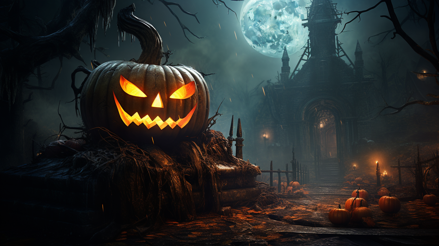 Angry Evil Pumpkin in Spooky Graveyard