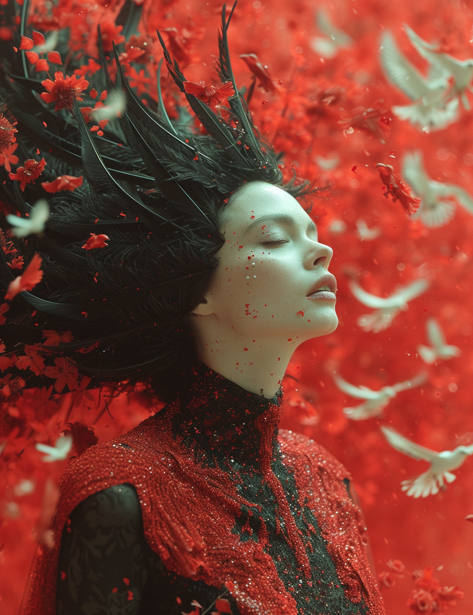 Female model in black feathers surrounded by white birds