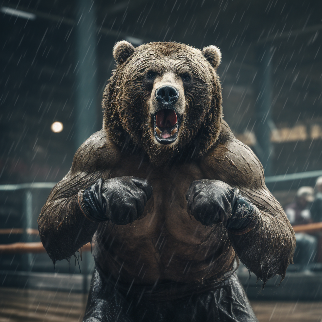 Angry grizzly bear in boxing ring