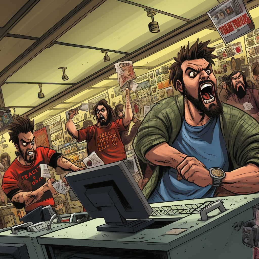 Angry people in grocery store line