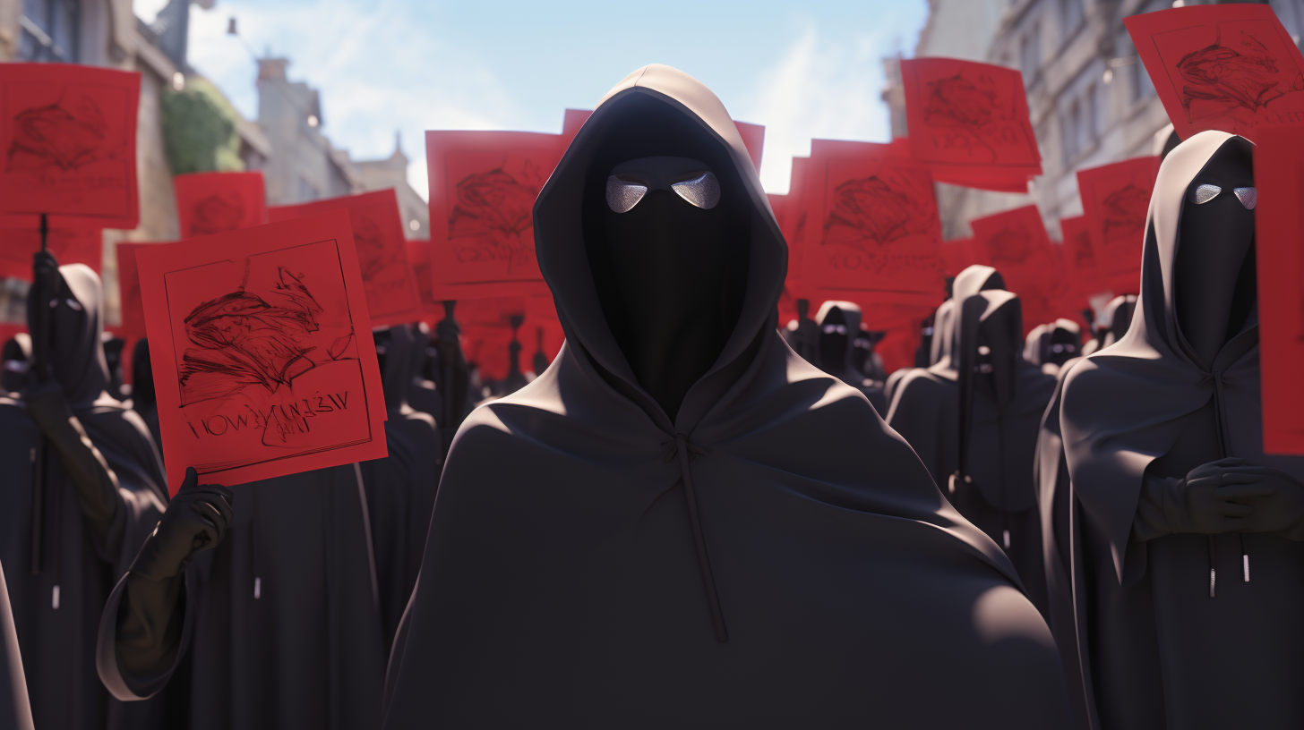 Angry hooded mob protesting with blank signs