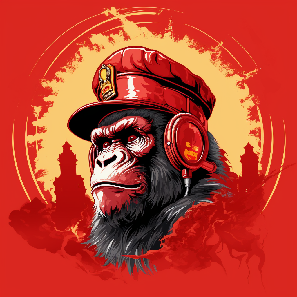 Angry King Kong wearing red beret broadcasting