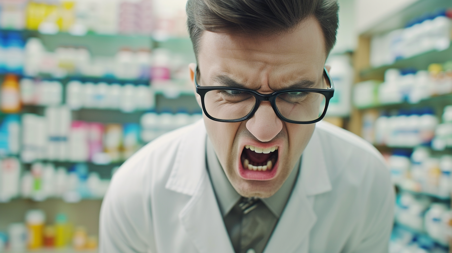 Angry Male Pharmacist in Glasses