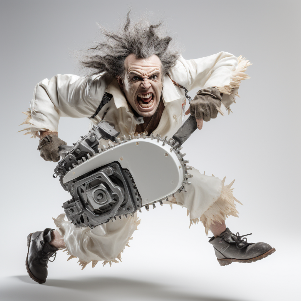 Intense Angry Man Running with Chainsaw