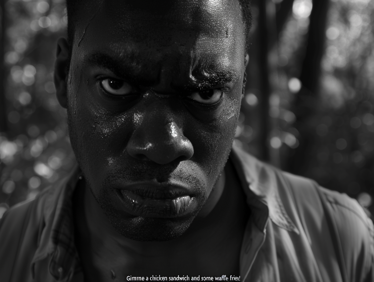 Angry man forest black white