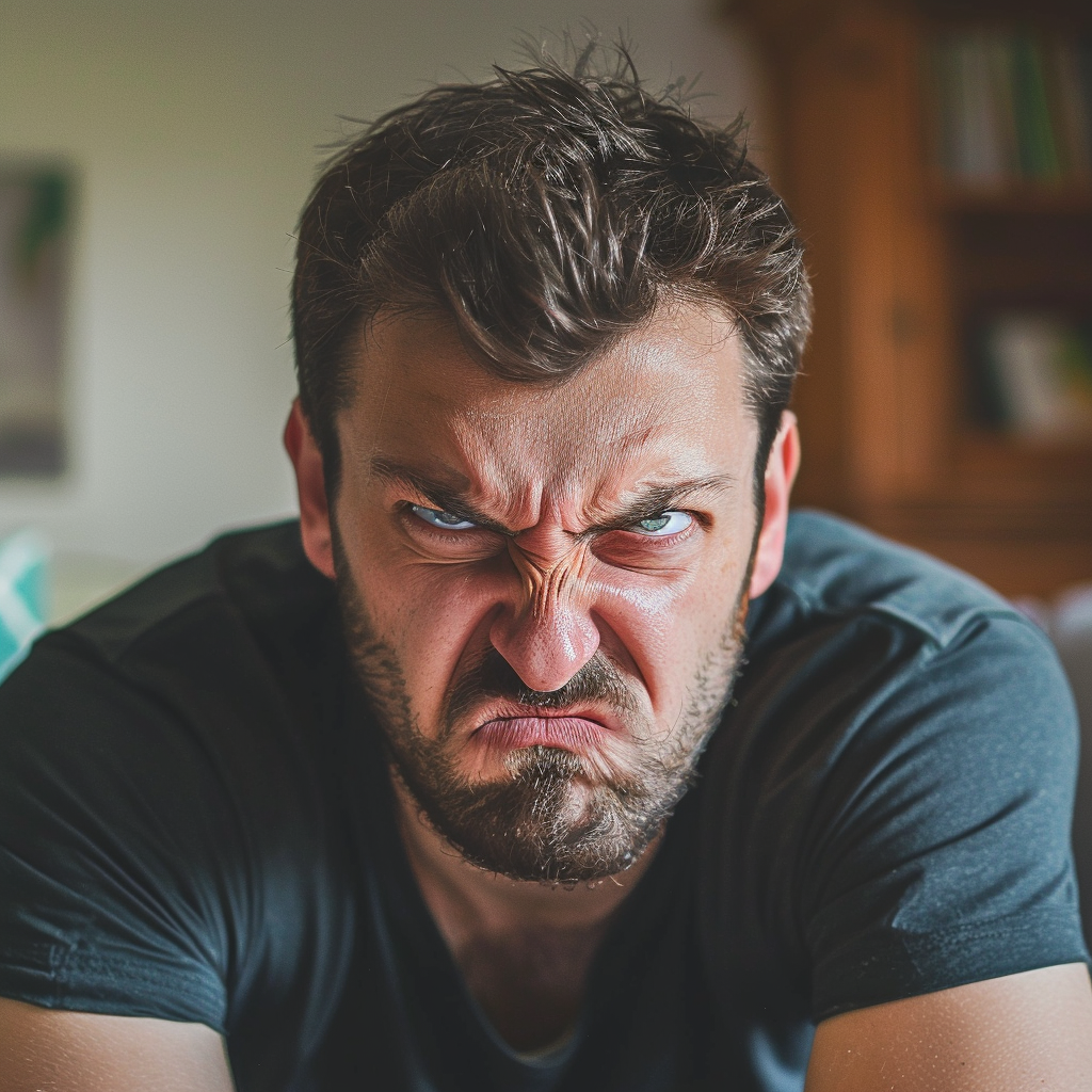 Angry man in living room