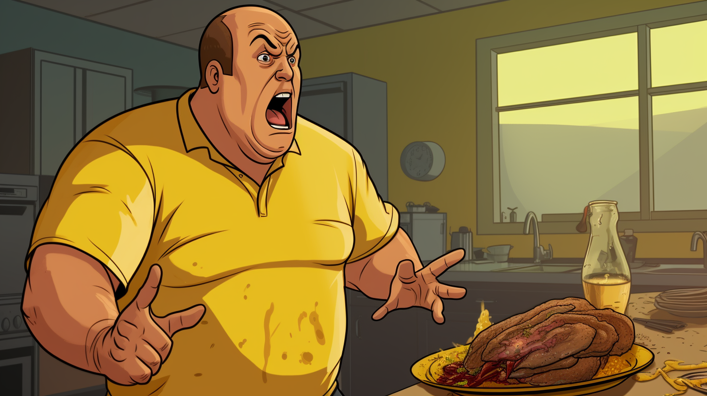 Angry man in yellow polo complaining about steak