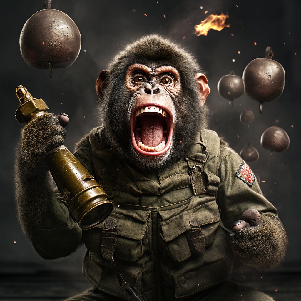 Photorealistic Angry Monkey Holding Grenades