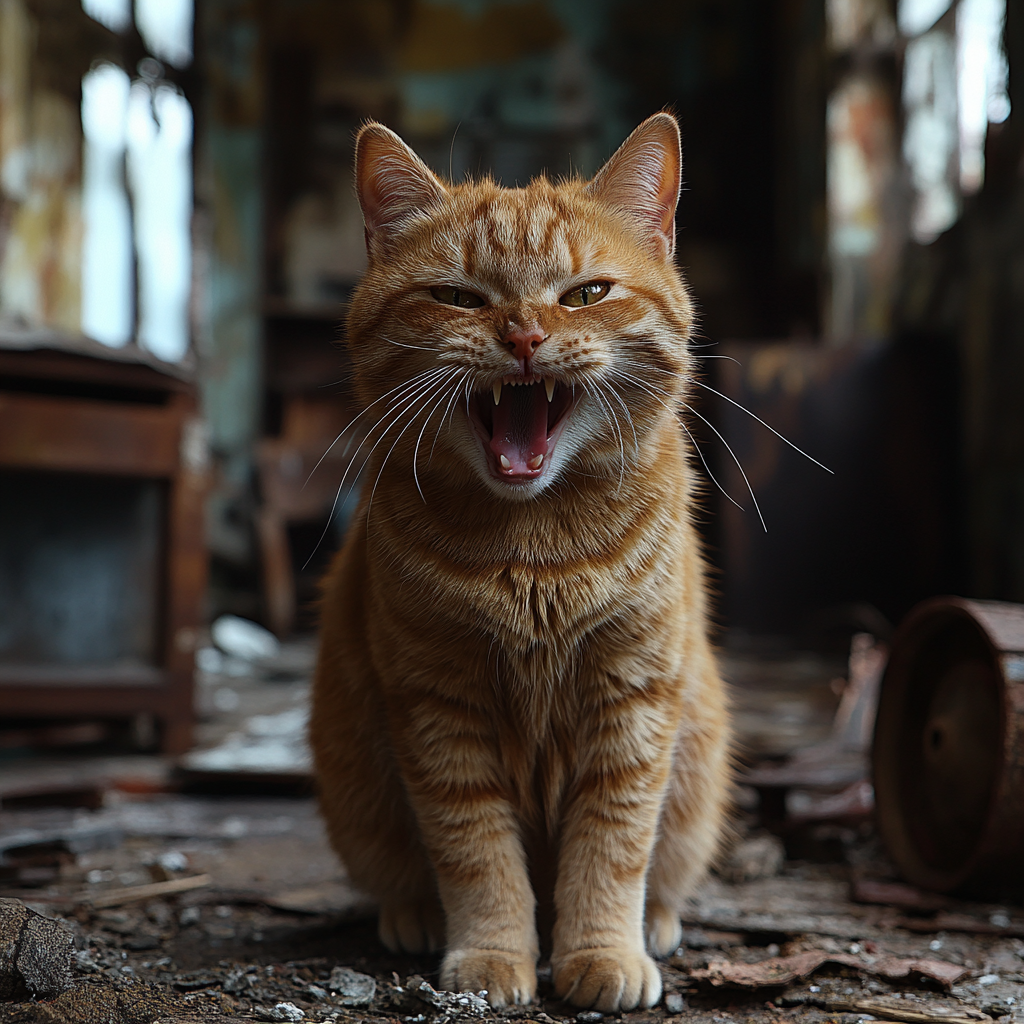 Realistic angry orange cat hissing