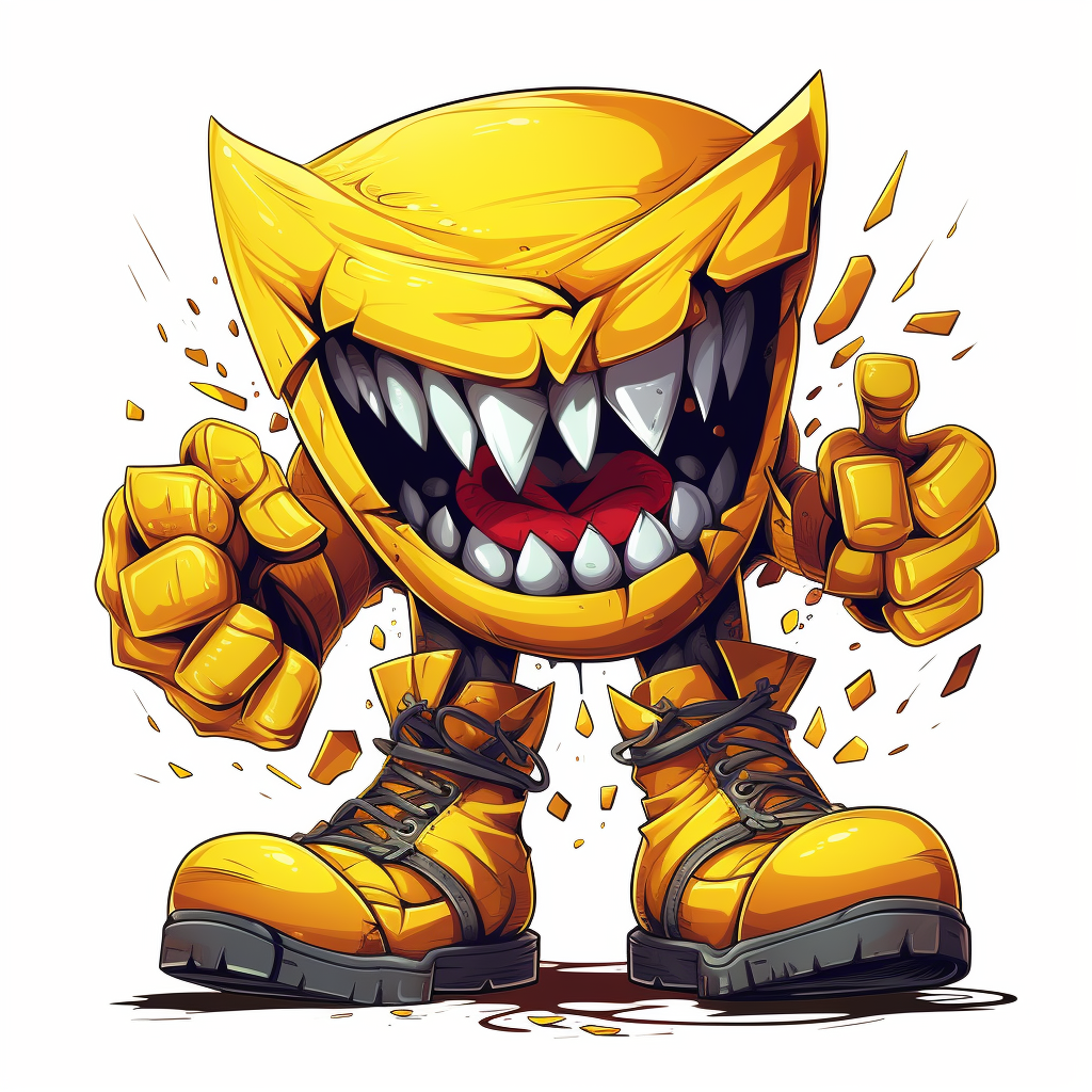 Cartoon character with angry Pacman style, boots, gloves, sharp teeth