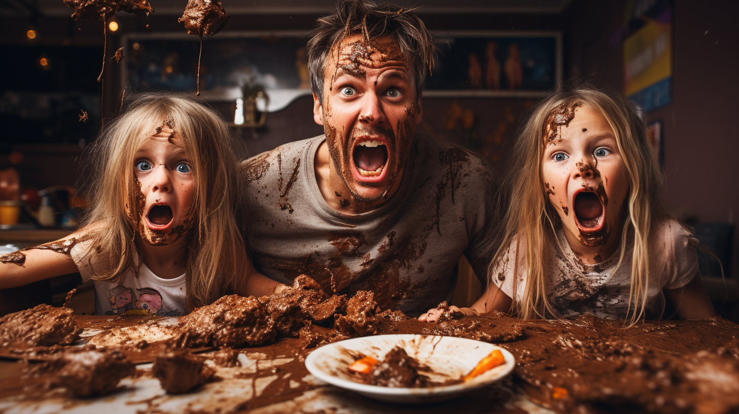 Angry parents with messy child covered in chocolate