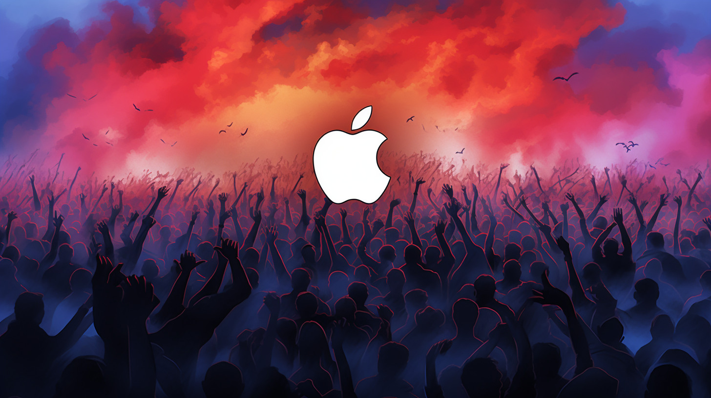 Apple logo amidst angry protesters