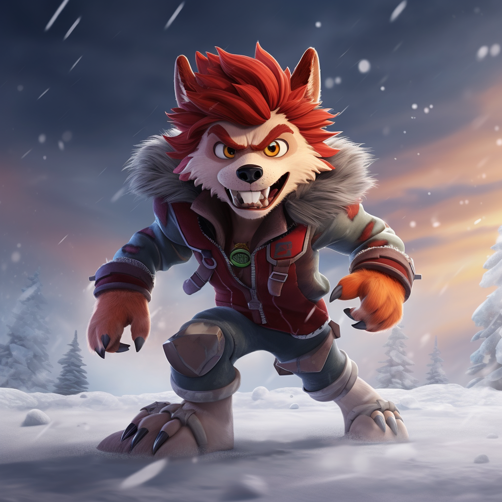 Angry werewolf with red hair in snowy surroundings