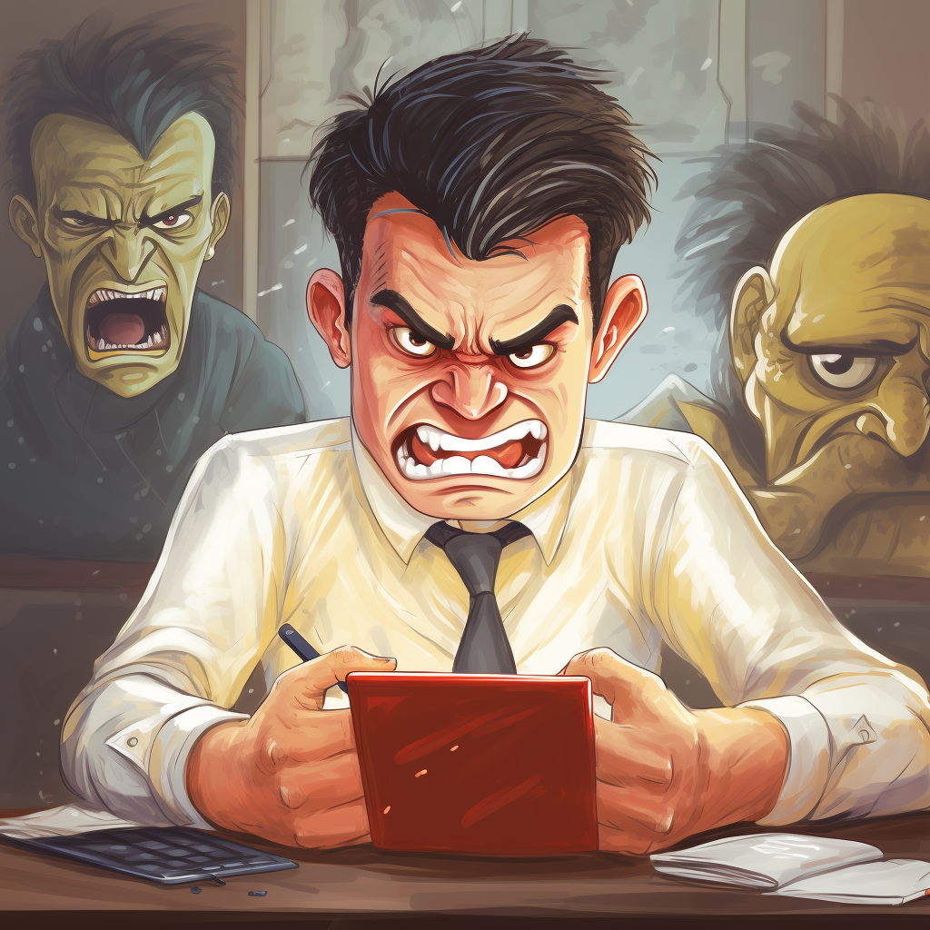 Angry person writing review on phone (cartoon)