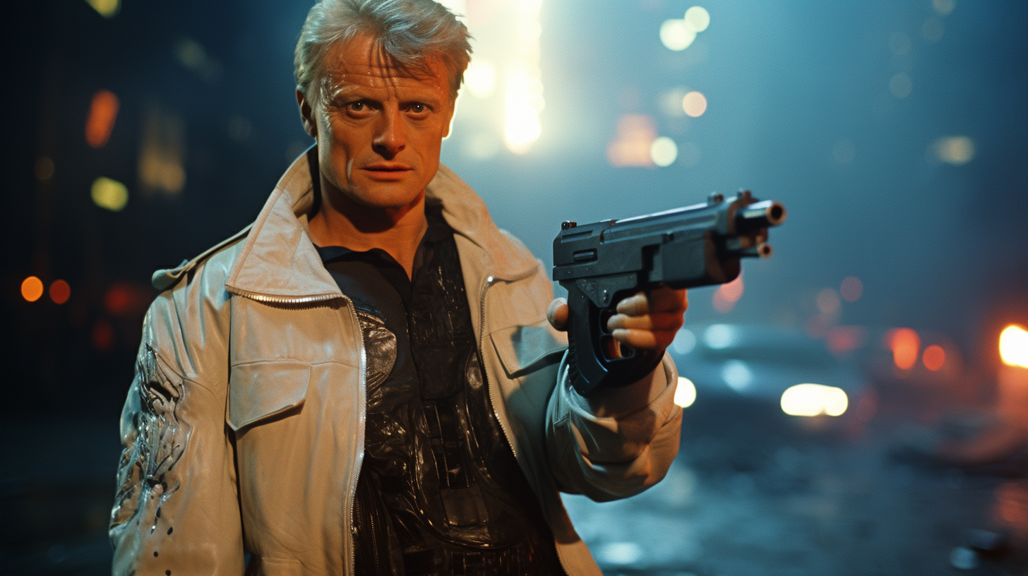 Angry Rutger Hauer holding a gun