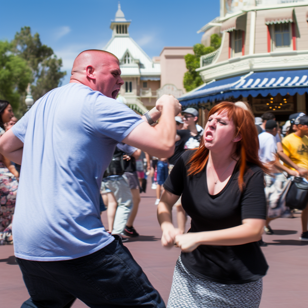 Angry people attacking Disneyland characters