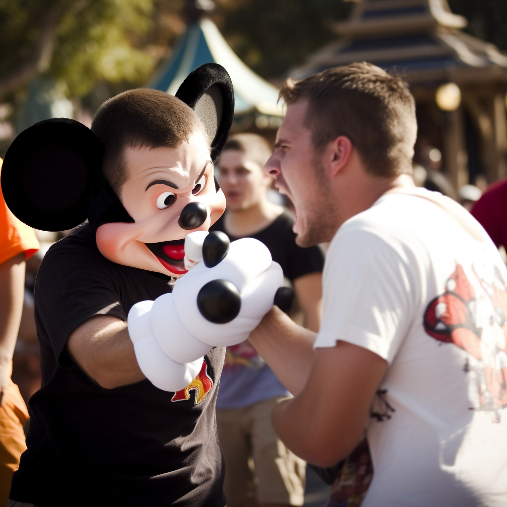 Angry white people beating Mickey Mouse at Disneyland