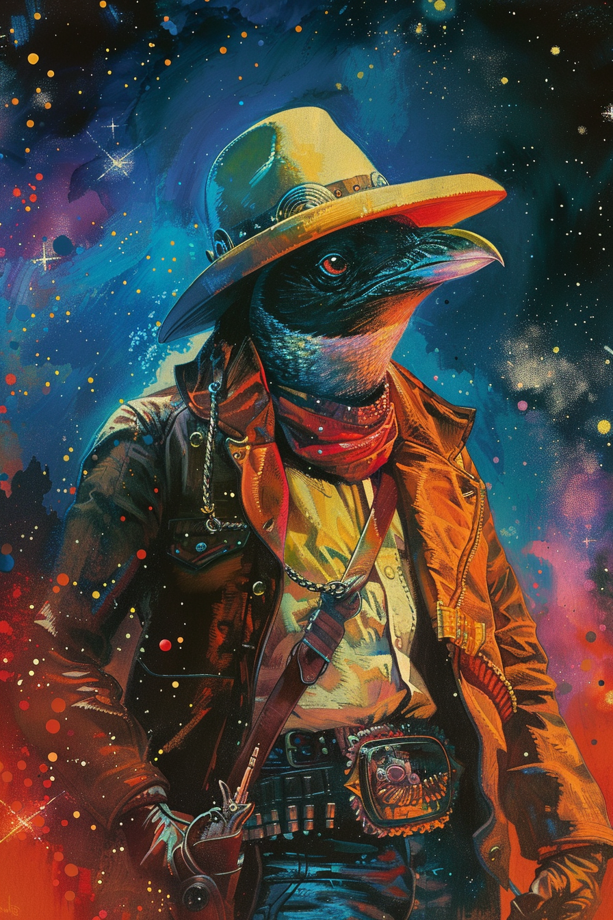 Angry space penguin in cowboy clothes