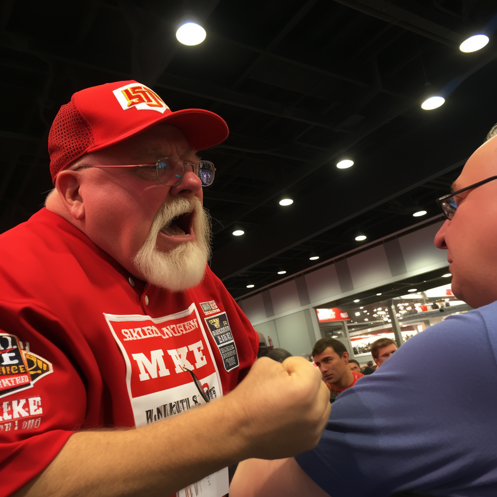 Angry Swifty and Wilford Brimley cosplayer in Chiefs attire