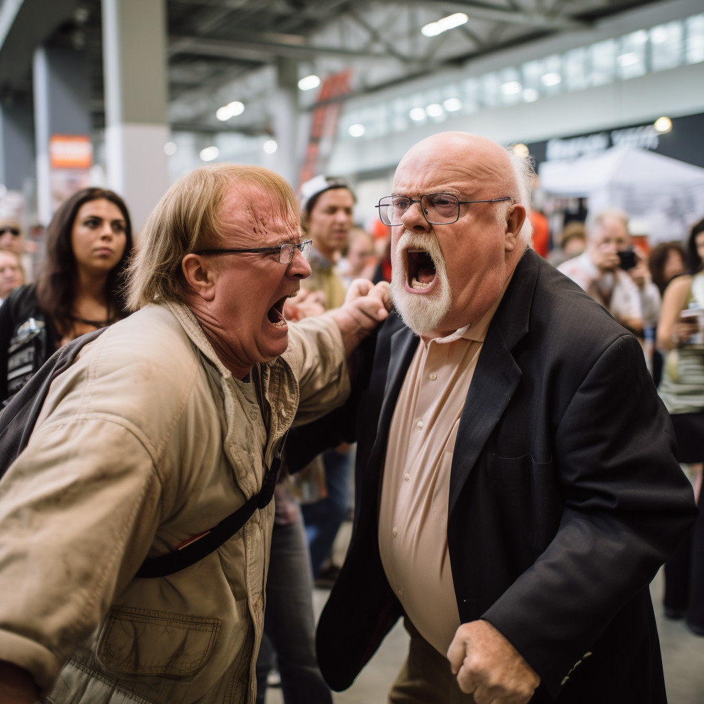 Angry Swifty and Wilford Brimley cosplayer yelling