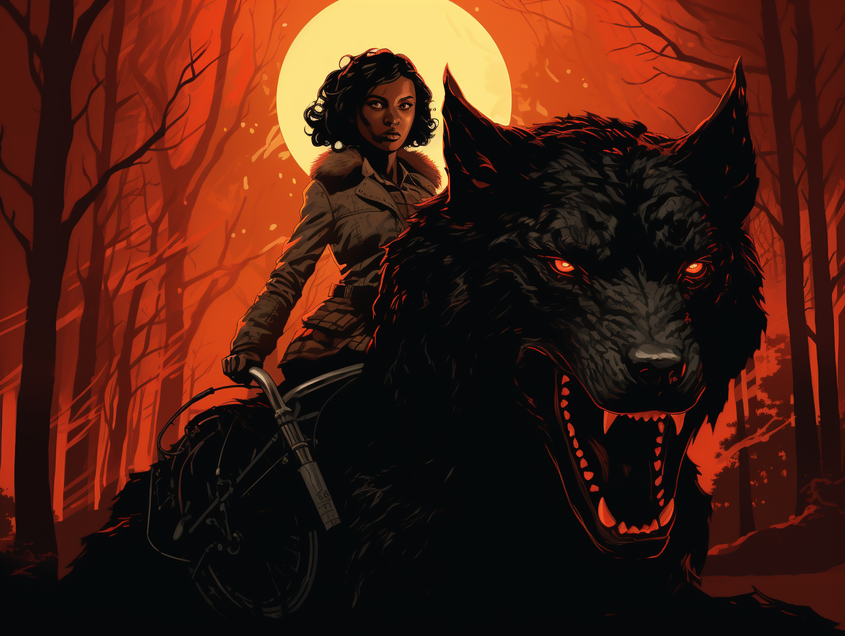 Angry black girl on giant wolf by Francavilla