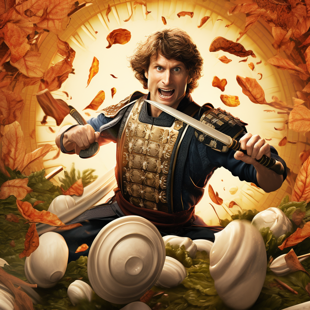 Angry Todd Howard Samurai smashing giant dumpling