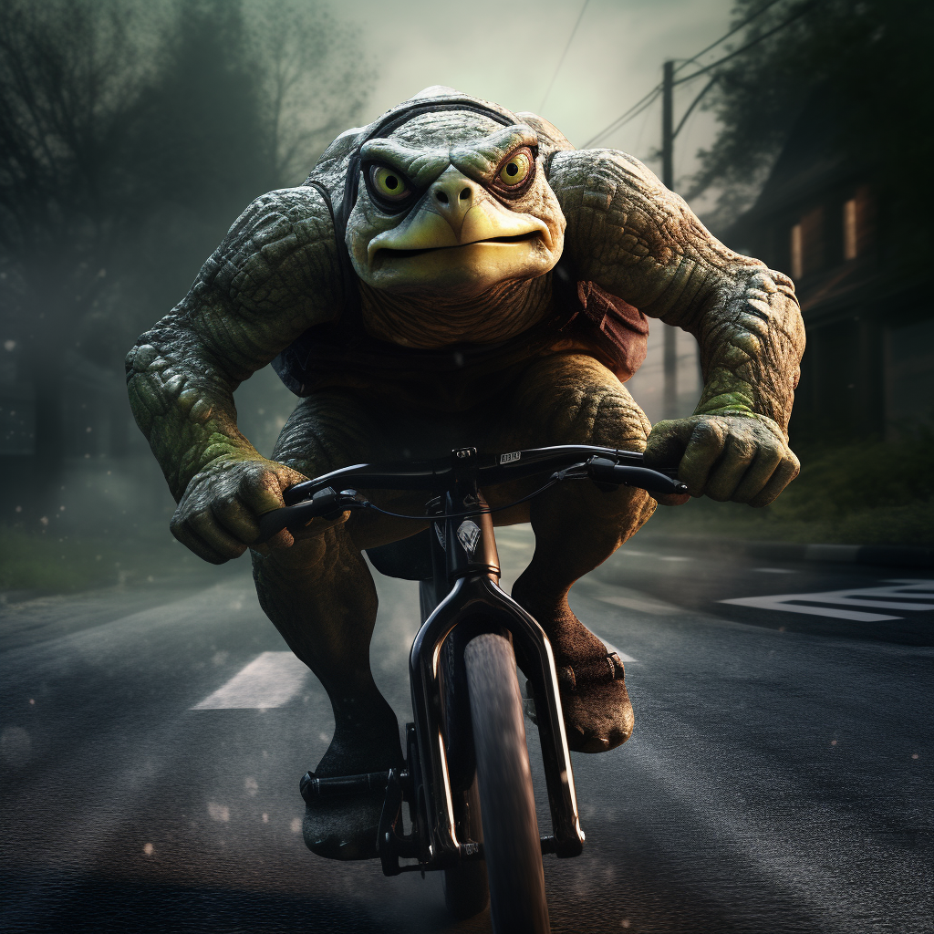 Angry turtle riding road bike illustration