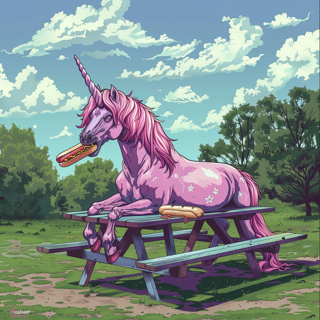 Angry unicorn eating hotdog