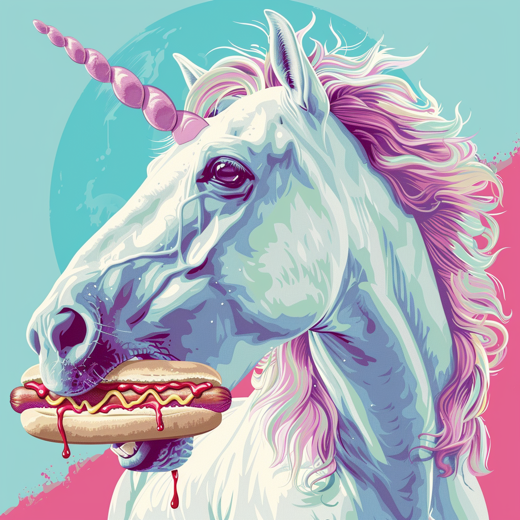 Angry unicorn eating hotdog illustration