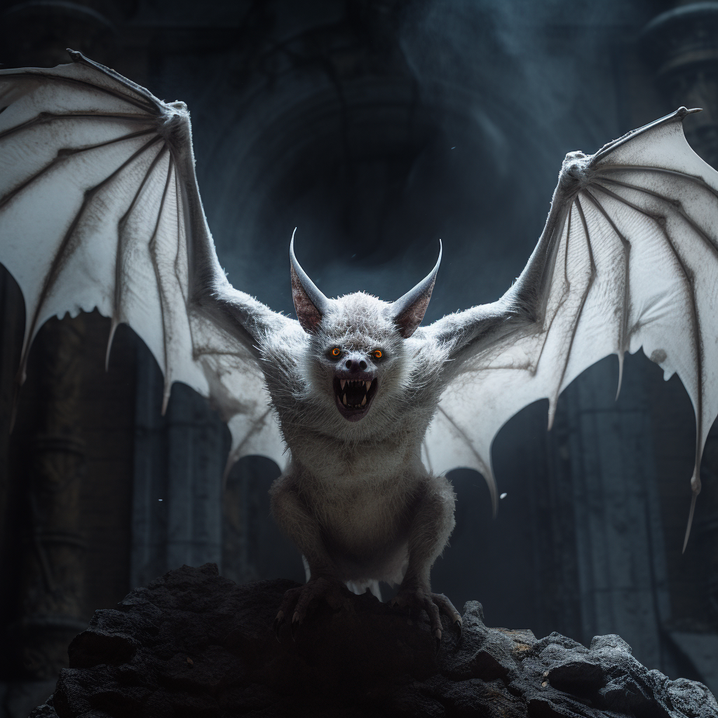 Angry white bat in gothic environment